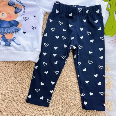 Conj. Blusa Manga Longa Ursinha Bailarina e Calça Legging Corações - Off White e Marinho